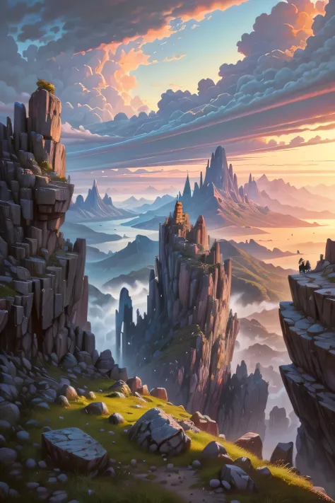  masterpiece,  the highest quality , landscape, Close to the sky ,  rocky area with grass ,   beautiful sky and rocks in the distance. Rock aventura landscape.  Top quality ,  masterpiece,  Detailed. 
