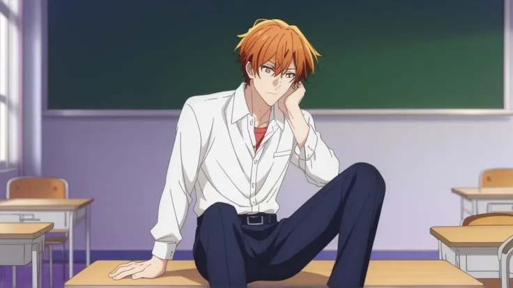 man, Un man, short hair, orange hair brown eyes , navy blue school pants, white school dRess shiRt,  Arrogant expression En cuclillas posture, En cuclillas, in a classroom, Sitting on the classroom floor, Anime by Sasaki Shummei, sentado En cuclillas