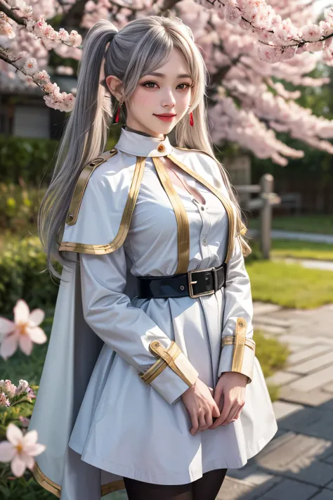 masterpiece, top quality, high resolution,  thank you, long hair, Gray Hair, twin tails, pointy ears, earrings, thick eyebrows, White Cape, striped shirt,  Long Sleeve, belt, white skirt, black panty hose , cross your arms on your back, smile, cherry bloss...