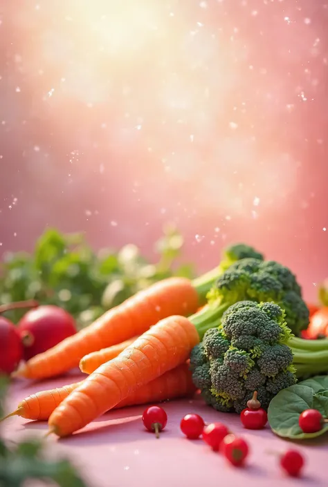 Pink tint image, That it has carrots, broccoli  ,spinach and red fruits