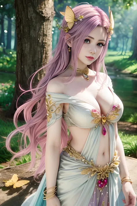 (fantasy, ethereal, ultra-detailed, masterpiece), beautiful woman with delicate features, golden hair with soft curls, wearing a pink and gold butterfly-themed gown, intricate jewelry with butterflies and flowers, glowing gemstones, fairy crown with pastel...