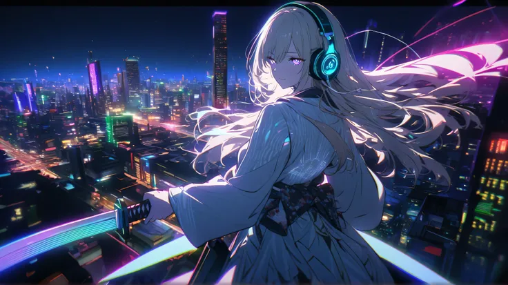  in white for summer very detailed ,  1 girl with an Oracle, Her hair color is flax-colored.、cyberpunk kimono,,    Japanese sword,offensive headphones  , RGB lighting      ヘッドフォン  s with White light,     headphones with cable, White light, city, Night prai...