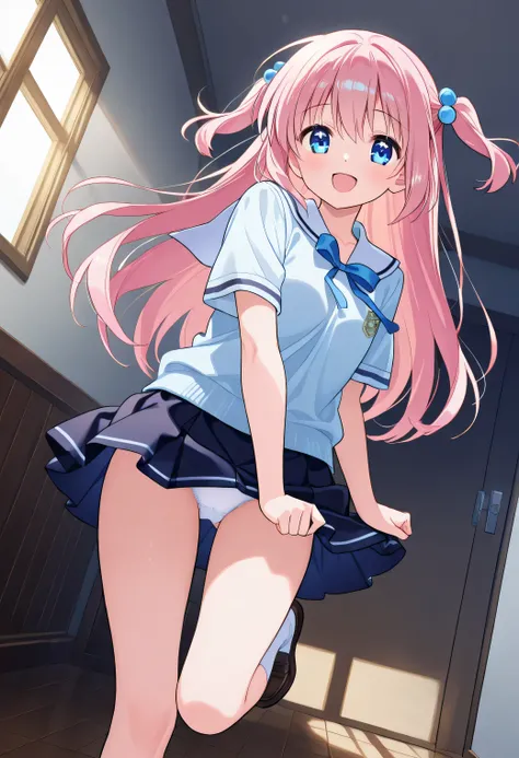 (white panties visible)、A cute 20-year-old anime-style girl is standing wearing cute clothes in a miniskirt。from an ultra-low angle、as if the viewer is on the floor。Composition showing the bottom of the foot、looks at the camera。the girl raises one leg ligh...