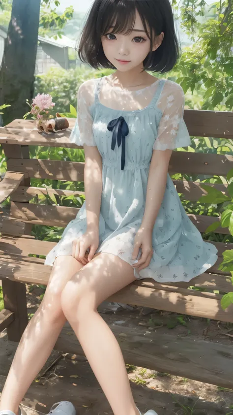 top quality、  natural depiction、  nothing 、  details、delicate、Very high degree of perfection 、 Beautiful Body Lines,Girls are middle school students  １Grade、   black hair、Cute girl's eyes、Best ratio、 小さなchest、 (((Satoko Hojo)))、shoes 、(I'm wearing a summer...