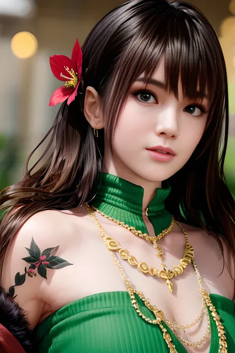 A young woman with long brown hair, wearing a deep red cloak with fur accents and gold jewelry, a pearl necklace, and intricate flower tattoos on her shoulder. She has a confident expression, glowing green eyes, and is in a modern city environment with a c...