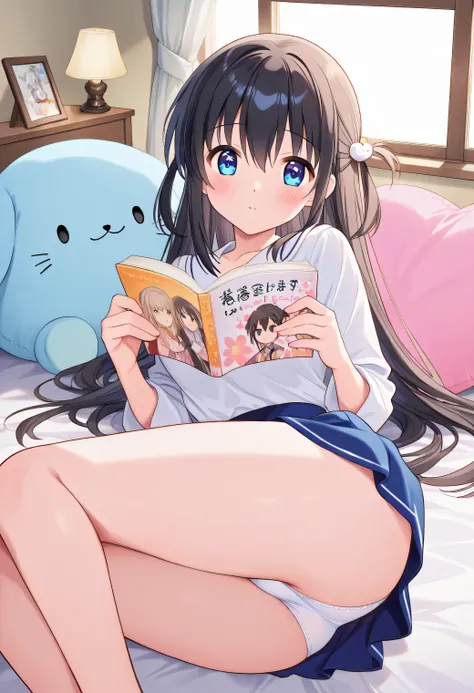 (white panties visible)、A cute 20-year-old anime-style girl、wears cute clothes in a mini skirt、reading a book while lying on her bed。Outside the window, it rains quietly、a calm atmosphere spreads in the room。she is holding a fluffy cushion、turning the page...