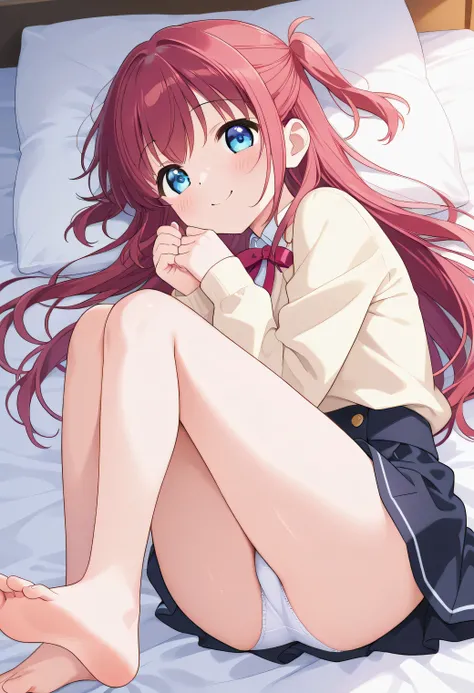 (white panties visible)、A cute 20-year-old anime-style girl、wears cute clothes in a mini skirt、 lie face down on bed 、they lift both legs and cross them to show the soles of their feet。Put your face on your hands、they look at us while smiling slightly。the ...