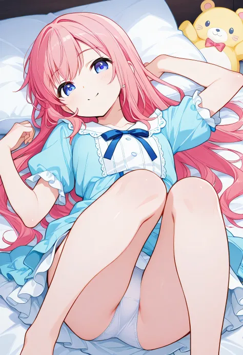 (white panties visible)、A cute 20-year-old anime-style girl、is lying on her back on the bed in cute clothes in a he is in a pose where she lifts one leg lightly and shows the bottom of her foot to the viewer。the other leg is bent at the knee and relaxed po...