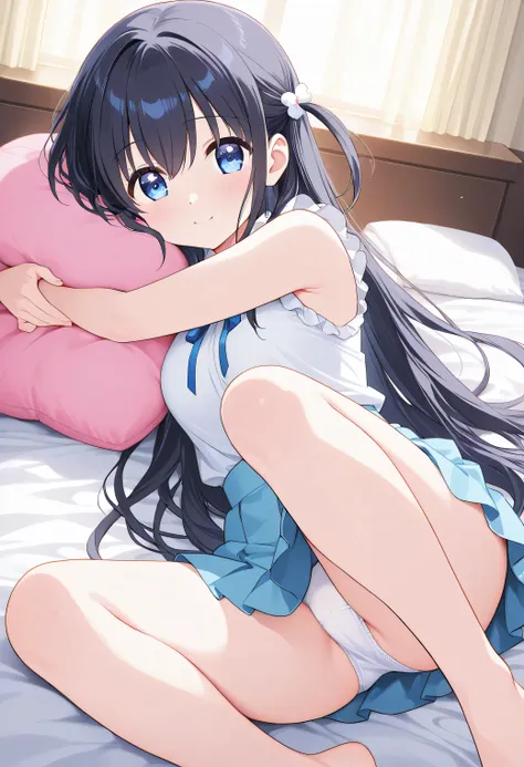 (white panties visible)、A cute 20-year-old anime-style girl、 bed facing a man、lightly lift one leg to show the bottom of the foot to the viewer、I'm staring at me while dyeing my cheeks slightly shyly。wears cute clothes in a mini skirt、the other leg is bent...