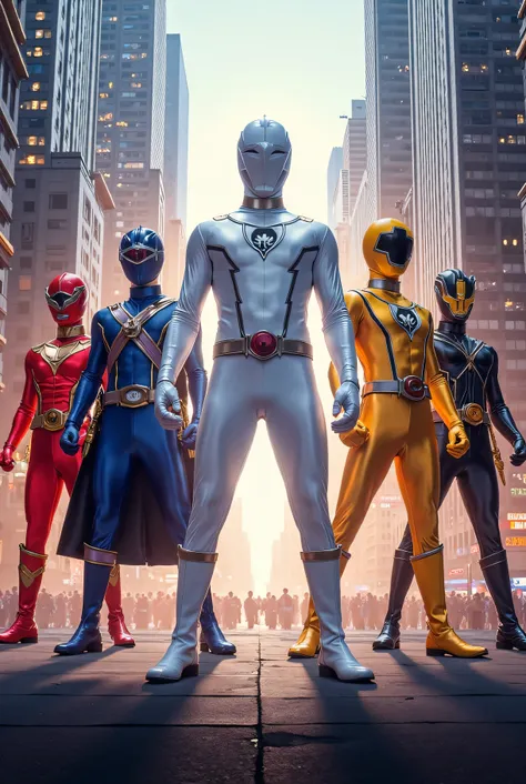 Make a league with five heroes, five different colors, I'm the one in the middle, White ability to have any power, o 2 with blue and red costume, with fire and ice ability, o 3 yellow, with light ability, that can become invisible or remove objects with li...