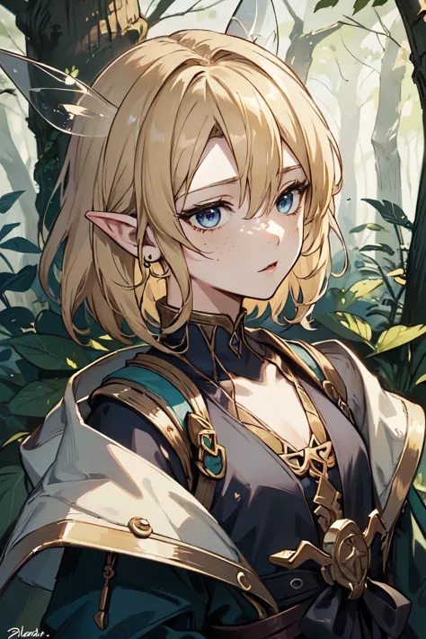 One young fairy fairy man, anime, 4K, masterpiece, chin-length blonde hair, pointed fairy, hairy, fairy wings, tiny fairy, amongst the forest, surrounded by giant plants, tiny, mini guy, bishounen, one character, dark forest, surrounded by leaves larger th...