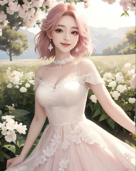 best quality、masterpiece、 Vivid 、beautiful girl、1 person、Double eyelids、big eyes、Sepia eyes 、pink hair、wedding dress、((white lace dress、Organza))、princess、choker、earrings、corolla、 natural smile 、Flower Field