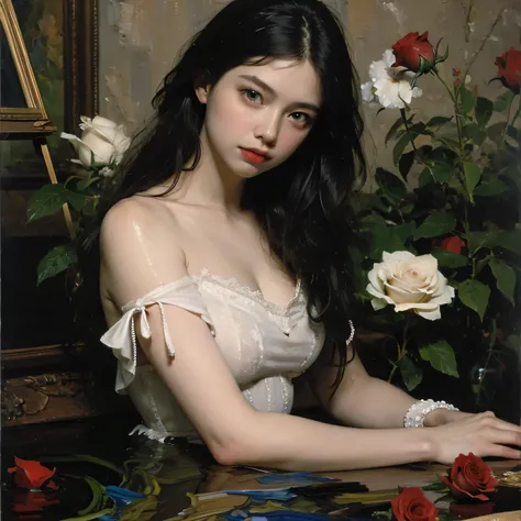 (oil painting:1.5),
\\
a woman with (long curtly hair ), ((green eyes)) is lie on the ground, roses, in water, (amy sol:0.248),with  dress,  (stanley artgerm lau:0.106), (a detailed painting:0.353), (gothic art:0.106)