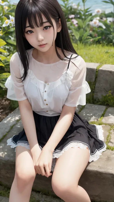 top quality、  natural depiction、  nothing 、  details、delicate、Very high degree of perfection 、 Beautiful Body Lines,Girls are middle school students  １Grade、   black hair、Cute girl's eyes、Best ratio、 小さなchest、 (((Satoko Hojo)))、shoes 、(I'm wearing a summer...