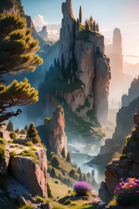  masterpiece, fantasy environment, bottomless abyss, colorful flowers and giant trees. Beautiful sky and rocks in the distance. Adventure landscape .  Top quality ,  Detailed.