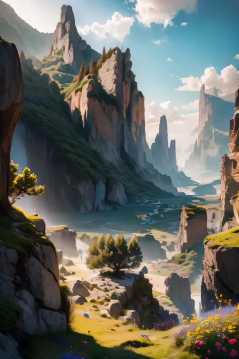  masterpiece, fantasy environment, bottomless abyss, colorful flowers and giant trees. Beautiful sky and rocks in the distance. Adventure landscape .  Top quality ,  Detailed.