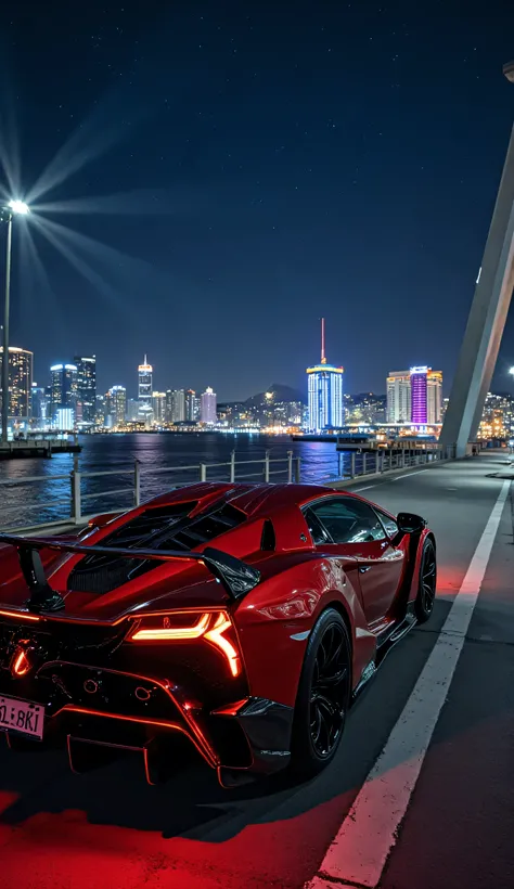 A hyperrealistic, cinematic, 8K UHD, perfectly rendered and detailed photograph of a luxury sports car (a Lamborghini Veneno) on the bridge avenue, with an angled perspective on the rear and right side visible. Its carbon fiber body is a glossy metallic re...
