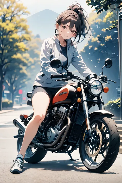 1girl (detailed clothing:1.2, accessories:1.1, facial features:1.2, expression:pleasant, body type:athletic, pose:sitting), brown hair, ponytail, smile, wearing a light gray jacket, riding a motorcycle (detailed design:1.2),  anime girl, mid-day sunlight, ...