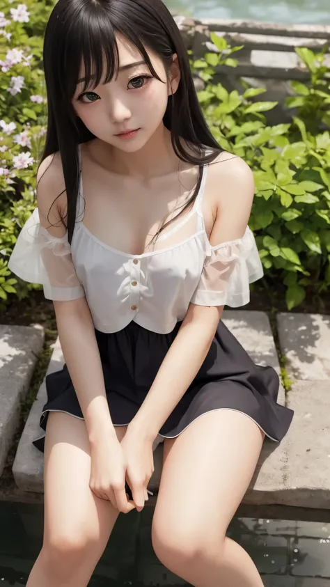 top quality、  natural depiction、  nothing 、  details、delicate、Very high degree of perfection 、 Beautiful Body Lines,Girls are middle school students  １Grade、   black hair、Cute girl's eyes、Best ratio、 小さなchest、 (((Satoko Hojo)))、shoes 、(I'm wearing a summer...