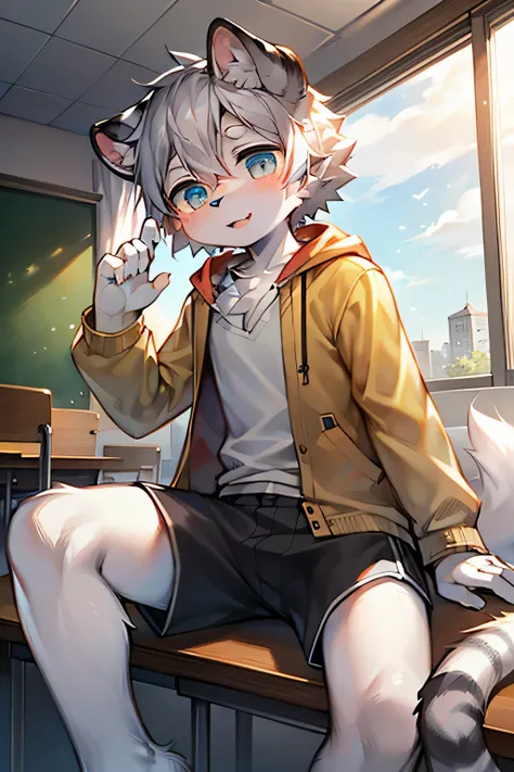 （Cat，GREY HAIR GREEN EYES ，Yellow and whellote coat color，cute，lively， sexual desire boy ，Minors,Wear a sweatshellort with a pink pattern，livelycute， shorts, wind element，furry），cinematic digital art.A boy，Genetics,Furry's , wild ,(digital media \( Artwork...