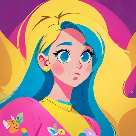 a close up of a cartoon girl with long hair and a colorful dress, vector art by Mario Bardi, instagram, digital art, beautiful retro art, retro style art, cute art style, trending on artstration, retro art style, stunning art style, 7 0 s vibe, in style of...