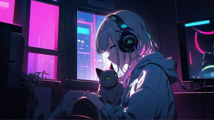  in white for summer very detailed ,  1 girl with an Oracle, her hair color is black.、 cyberpunk hoodie,offensive headphones  , RGB lighting      ヘッドフォン  s with White light,     headphones with cable, White light, inorganic room, Night I can see a beautifu...