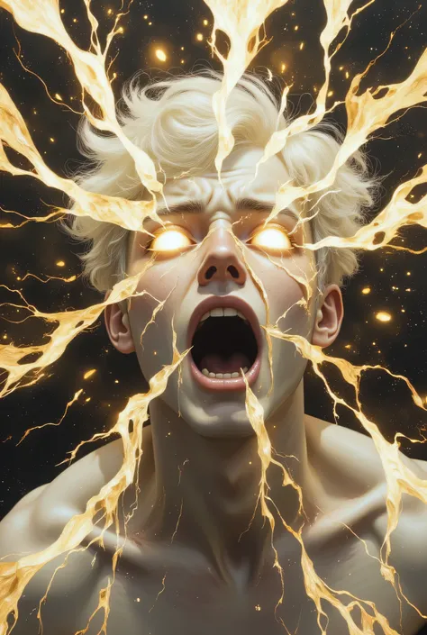 (masterpiece),(Highest quality),(Super detailed),(Ultra-high resolution),(Best illustrations),8k,Surreal painting,
Painting of man, 30 years old, caucassian, muscular, full body, white hair, glowing magical white eyes, full body. He's body is being torn ap...