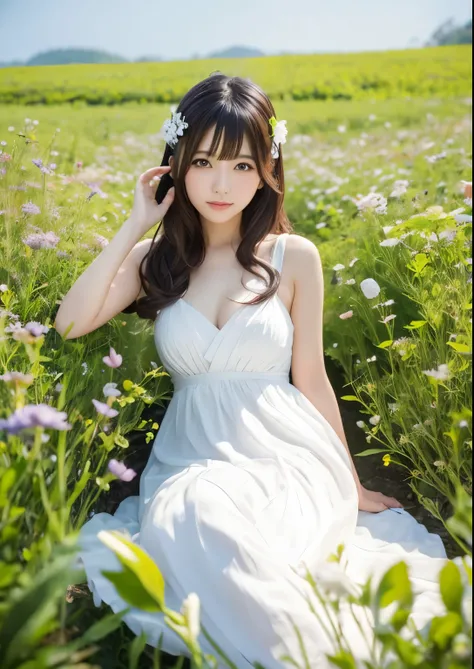 japanese sexy sensual girl, in Kikyo Flower Field, White dress