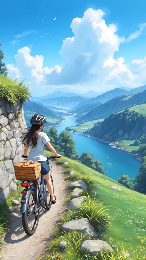 A rides a bike on a steep curved path,The camera is fixed behind the girl,On her right is a steep cliff,Beneath the cliff is a clear river, There are rolling mountains in the distance ,Clear blue sky,White clouds are like marshmallows