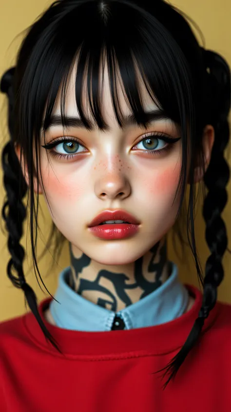 8k , masterpiece , highest quality, Close-up, frontal, three-quarter view.  Dark hair, braids, bangs, winged eyeliner, red lips, graffiti tattoo, face, neck, red top, light blue collar,  muted yellow background.