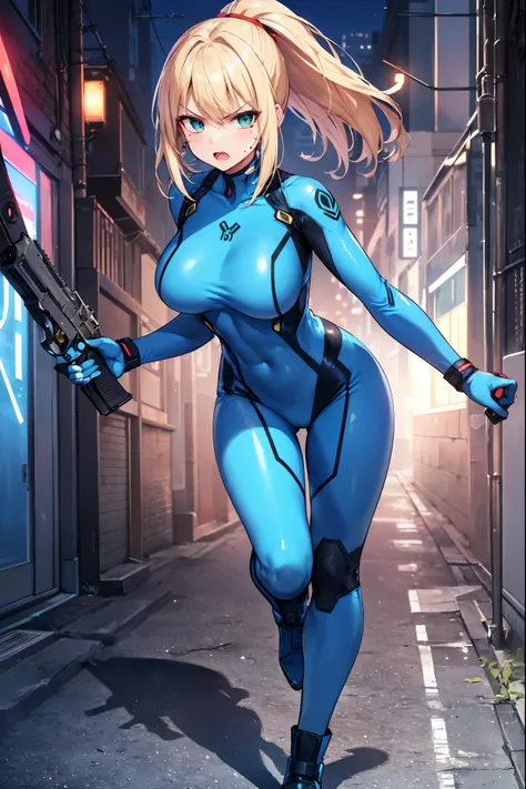 masterpiece, best quality, integrated scenery, integrated background, extremely delicate and beautiful, meticulous details, good composition, , cute face, perfect face, perfect hands,  1girl, Samus Aran (\Metroid\) ,solo, ponytail, blond hair, (blue_metall...