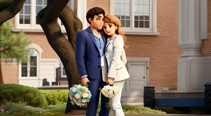 ENGAGED COUPLE: man in a suit and woman in a white blazer holding a Disney Pixar-style bouquet, bra, pajamas