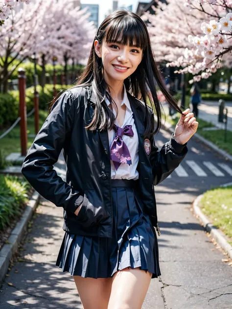 (The 8k quality, Ultra-high-resolution quality, Ultra high definition, Photorealistic, Best Quality):1.5, (​masterpiece):1.4,
(camera angle from forward view, depiction of above the knees body):3.0,
(in the beautiful High school building with spring flower...