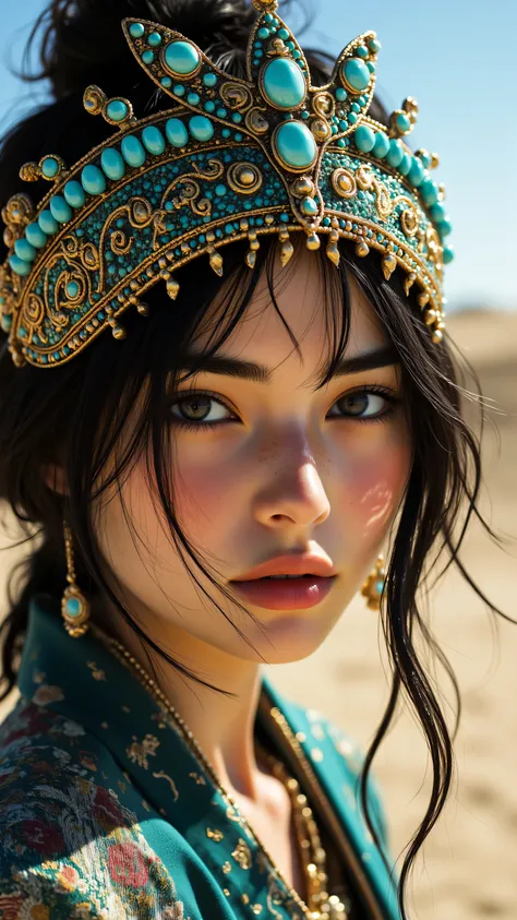 8k , masterpiece , highest quality, Close-up, serene, elaborate, ornate, turquoise, gold, jeweled, headpiece, headdress, dark hair, updo, teal, gold accents, desert, landscape, sandy, arid, detailed, fantastical, realistic, stylized, costume, makeup.