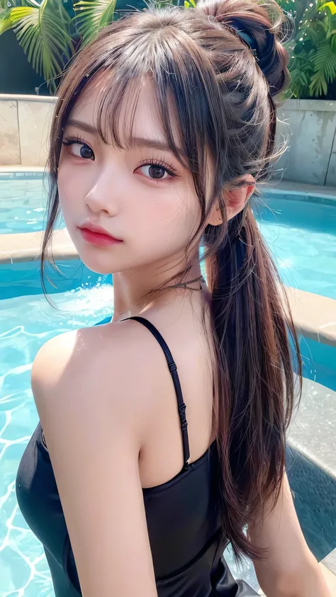 wearing black bikini,resort poolside,Body in front,Ultra-detailed, finely detail, hight resolution, 8K Wallpaper, Perfect dynamic composition, Beautiful detailed eyes,,Close-up of face,,Blushing,Facing forward,Long hair ponytail,((8K, Original photo, Best ...