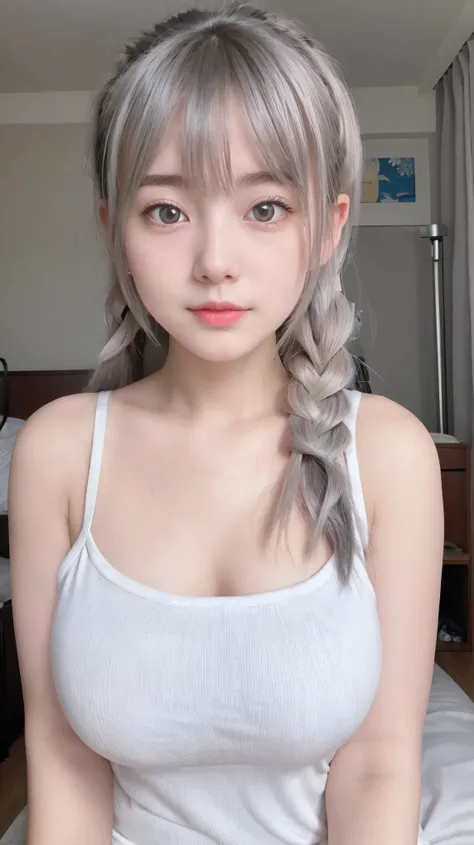 1 Girl, Beautiful, Baby Face, 20 Years Old, White Skin, round big Breasts, tanktop, Skinny, Posing For Photos in The Bedroom, Gurly Bedroom, Grey Hair, Silver Twintail, ((adorable:1.1)), ((masterpiece:1.1)), Sleepy Cute Face