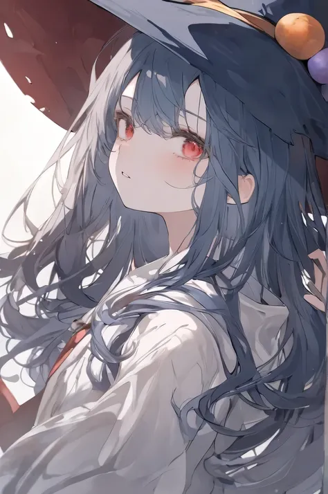 ， Premium  ，  Best Quality ，   Official Art  ，cool, beauty, And pick   ， Very detailed （ Split Art 1   .2），Most Detailed ，   A Girl ，   face expressionless face   ， tall cool girl with dark blue long hair   ，  wearing a wizard hat，   dark red eyes   ， Very...