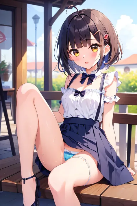 ((top quality)), ((masterpiece)), (Details), 1 girl。blunt bangs。Short Hair。braided ponytail。ahoge。Cute hair clip。 looks young。(small breasts)。(moving composition)。Enchanted。 plain clothes 。 cafe terrace 。drink coffee。sit on a chair。 I can open my legs and ...