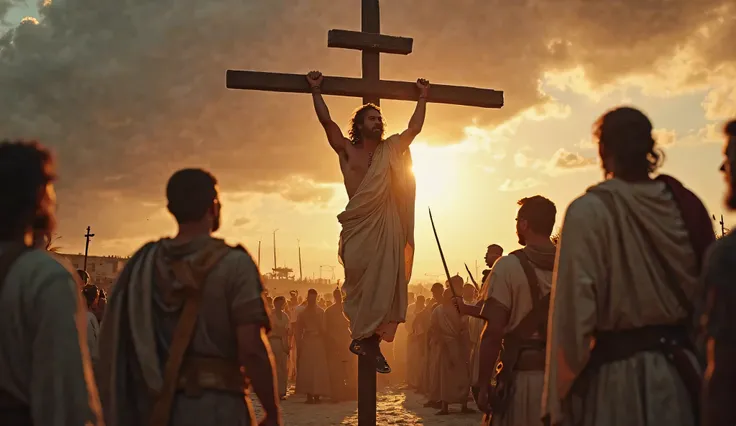 A dramatic and cinematic scene in 4K depicting the last moments of the Apostle Philip in Hierapolis. in the center of the image, Philip hangs from a cross in the shape of an 'X', his clothes worn by time and suffering. His face reflects serenity and unwave...