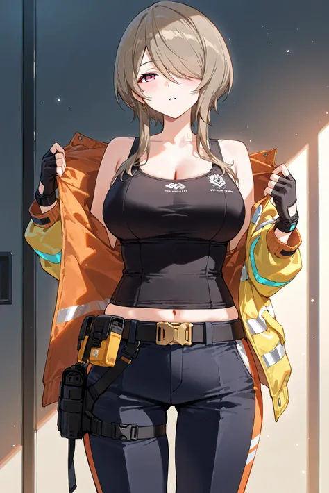 score_9, score_8_up, score_7_up, masterpiece, best quality, very aesthetic, absurdres, tunning image, light particles, attractive image, 1girl, adult grown woman, solo, Rita, hair over one eye, purple eyes, brown hair, short hair with long locks, rita ross...