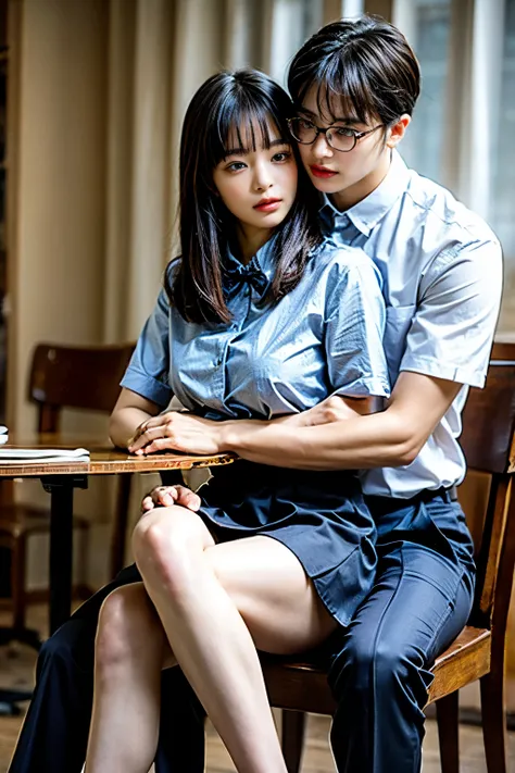 top quality　masterpiece　male and female couples　sitting on a chair and wearing a tight skirt over her blouse。  boys hugging each other from behind  。Boy in high school principal's pants uniform with mash cut hairstyle。 glasses on the vagina、 revenge relati...