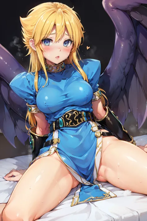 shot from directly below、she's straddling the viewer、Nina、breath of fire2, Gold、 dress、wing、 beautiful feet、thighs、thighsを伝うsweat、blush、sweat、sweat、