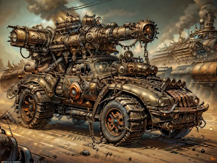 high resolution, 32K detail and a sharp image . The image must be super original and complex ., image with a variety of beautiful and vivid colors .( Masterpiece , best quality), Mad Max-style car at full speed , large vehicles , leaving sandy trails...