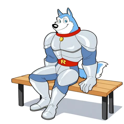 Exile (Road Rovers), high quality, blue fur, white fur, anthro dog, solo, male, full body, red collar, blue eyes, smile, high quality, best resolution, silver uniform, silver gloves, red waist, white background, no background, sitting on wooden bench, eyes...