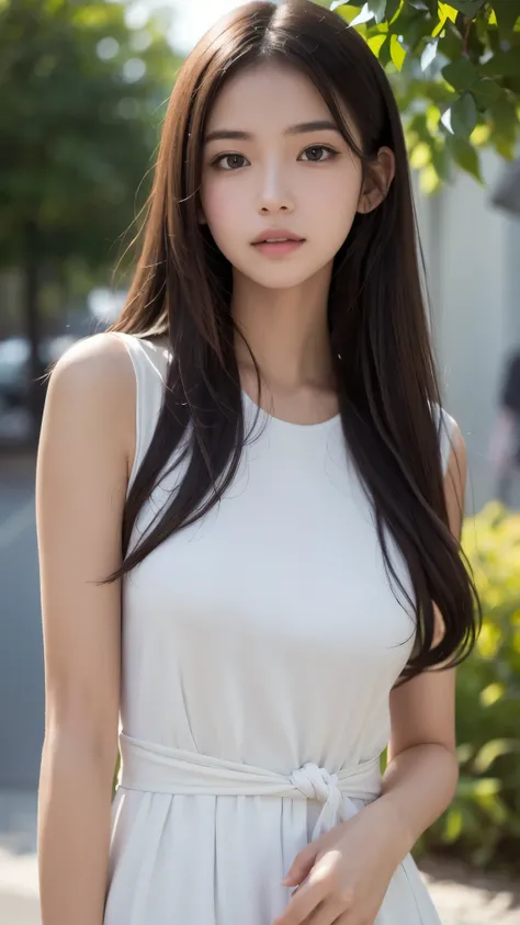 best quality . Realistic portrait of a young woman with long dark hair. The bangs flow slightly to the side,  It looks soft and natural . The hair is loose, has waves, and is smooth、has a subtle shine, that gently frames her face. Soft and natural lighting...
