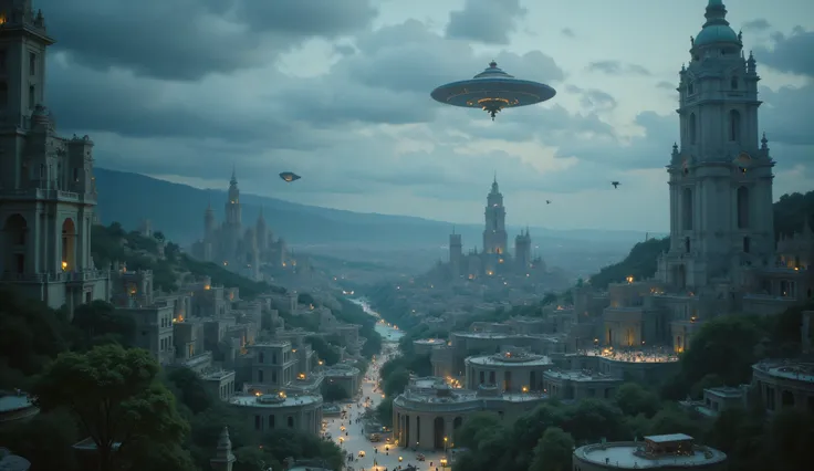 a huge futuristic city in the distance, with grey gloomy skies, flying cars , neon lights, Dead trees , lots of skyscrapers and buildings, Neon Buildings,
high resolution, Masterpiece , Accurate, Award, best quality, detail, HD, High details, contract...