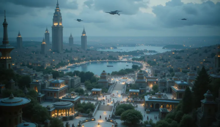 a huge futuristic city in the distance, with grey gloomy skies, flying cars , neon lights, Dead trees , lots of skyscrapers and buildings, Neon Buildings,
high resolution, Masterpiece , Accurate, Award, best quality, detail, HD, High details, contract...