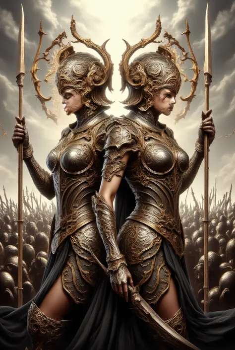 An epic historical movie poster of two main characters, a man and a woman, wearing exquisite golden ancient Greek armor and weapons. The male character, who is probably in his 30s, is white, has a clear and determined face, and depicts a fierce and aggress...