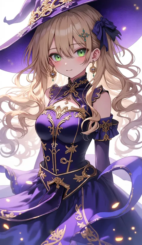 Lisa from Genshin Impact is an elegant girl with wavy light brown hair and emerald eyes. She wears a purple magical dress with gold patterns and a wide-brimmed witch hat. Sparks of electro-magic float around her, creating a mysterious and enchanting atmosp...