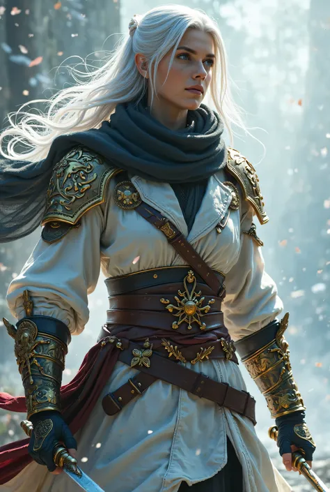 best quality assassin, intense shot, amazing beautiful and detailed light armor with golden pieces, windy scene, intensive, action scene, fight scene, dual wield daggers, (wide shot), CGSsociety, 8K, ultra-realistic, masterpiece, dark elf, white hair, blue...